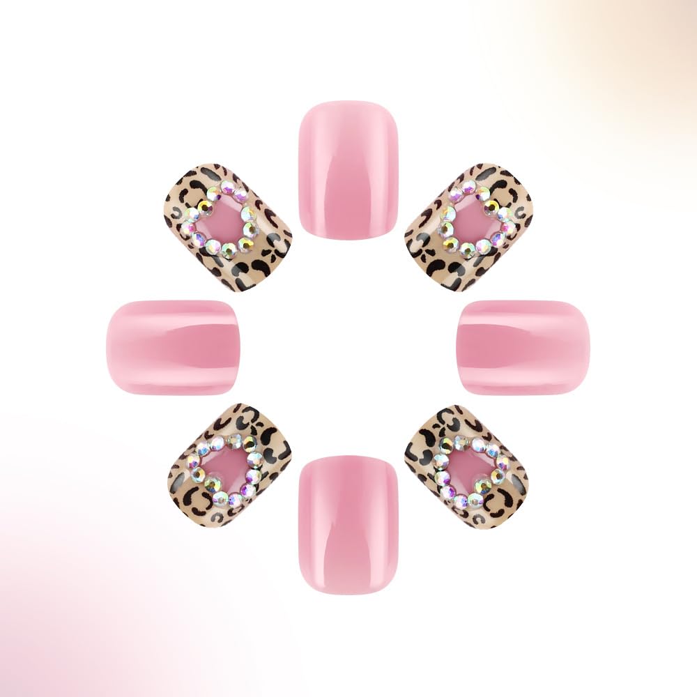 Leopard Print Press on Nails Short Square Fake Nails Heart Rhinestone Design Glossy Stick on Nails Reusable Acrylic Nails Artificial Nails False Nails Full Cover Glue on Nails for Women Girls 24 Pcs