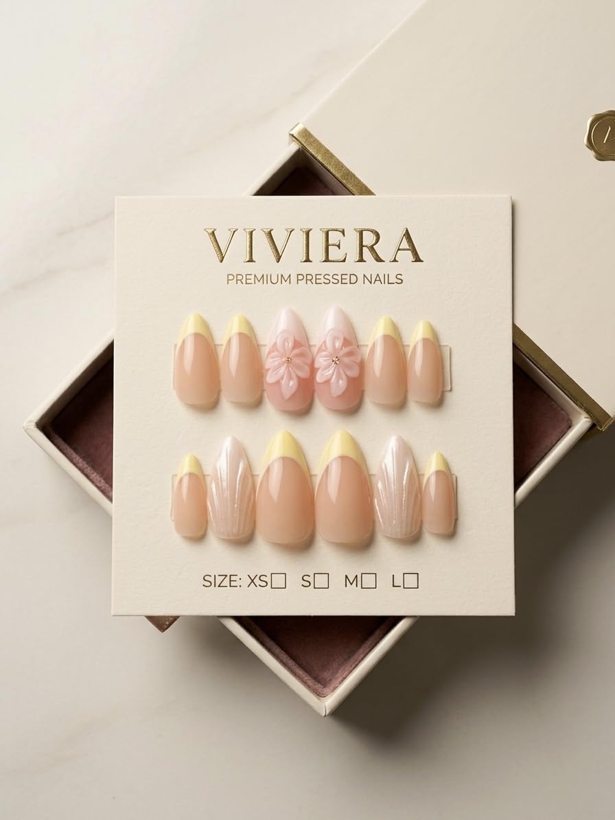 Viviera Premium Press-On Nails, Almond Shape, Nude and Pastel Yellow French Tips with Floral Accents, 12 Count, with Manicure Kit