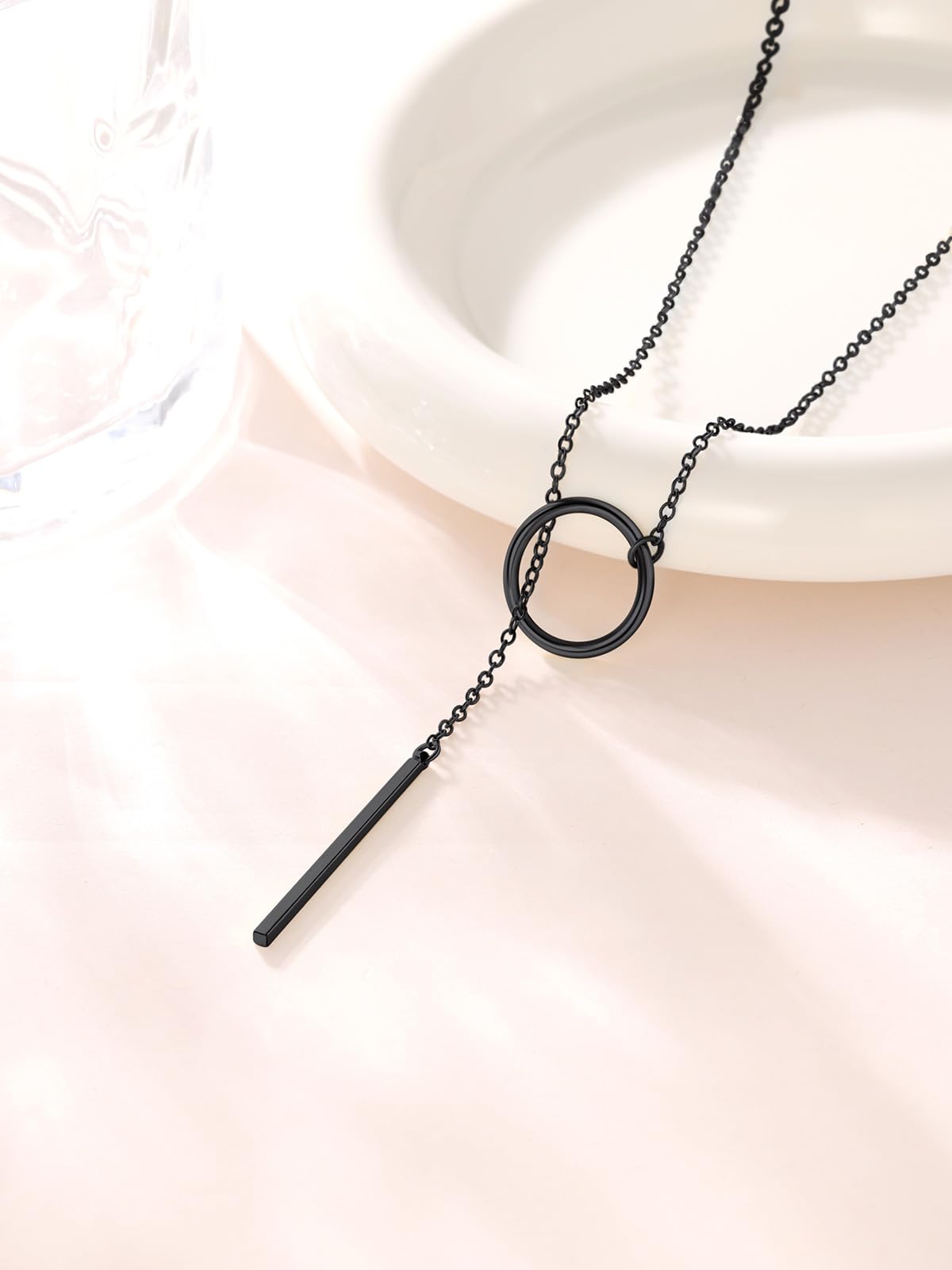 FOCALOOK Long Black Necklaces for Women Custom Engraved Personalized Drop Bar Pendant Larait Y Necklace