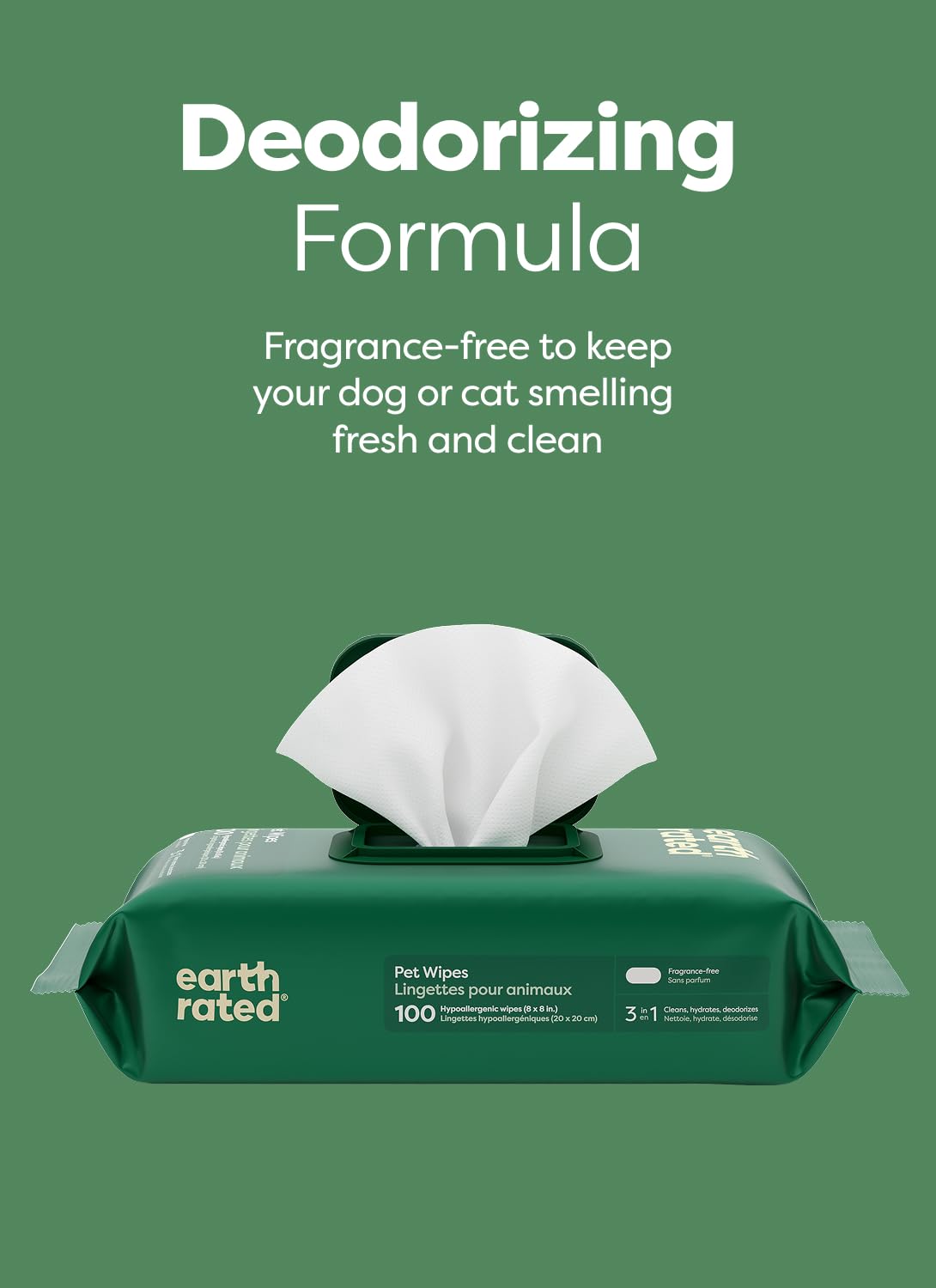 Earth Rated Pet Wipes for Dogs and Cats, Hypoallergenic, 3-in-1 Cleaning, Deodorizing and Hydrating, for Grooming Paws, Body and Butt, Unscented, 100 Count