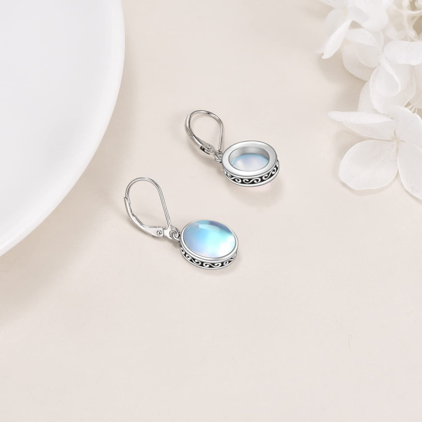 POPLYKE Celtic Moonstone Filigree Teardrop Drop Dangle Earrings Sterling Silver Leverback Earrings Jewelry (D-Vintage Moonstone)