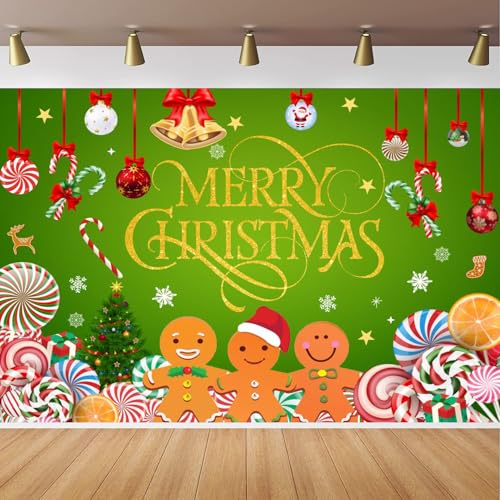 Gingerbread Merry Christmas Backdrop 7x5FT Green Peppermint Candy Cane Gingerbread Photography Background Christmas Candy Banner - color: Green/Red/Gold/Brown
