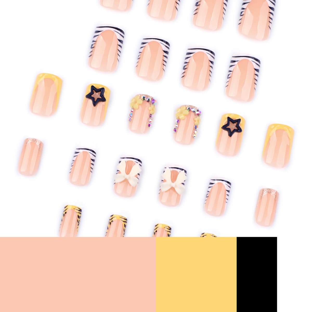 Medium Square Press on Nails, French Tip Fake Nails with Zebra Print & 3D Bow Star Rhinestone Designs Acrylic Nails Press ons Glossy Full Cover Glue on Nail for Women, Summer Manicure, 24Pcs