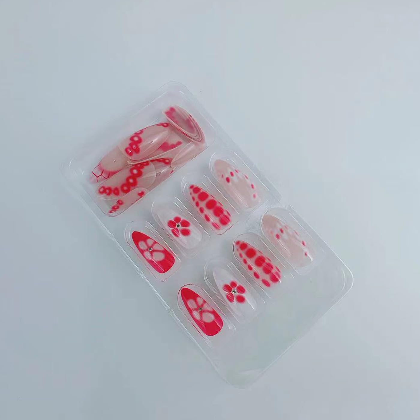 French Tip Press on Nails Short Almond Fake Nails Cute Flowers False Nails with Rhinestones Designs Artificial Nails Flower Petals Nails Tip Glue on Nails Nude Full Cover Nails for Women 24Pcs