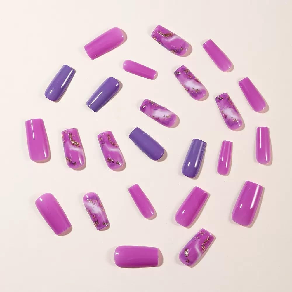 CTTHNBD Long Press on Nails Square - Purple Fake Nails with Gold Glitter Design - Ombre Full Cover Stick on False Nails for Women 24 Pcs