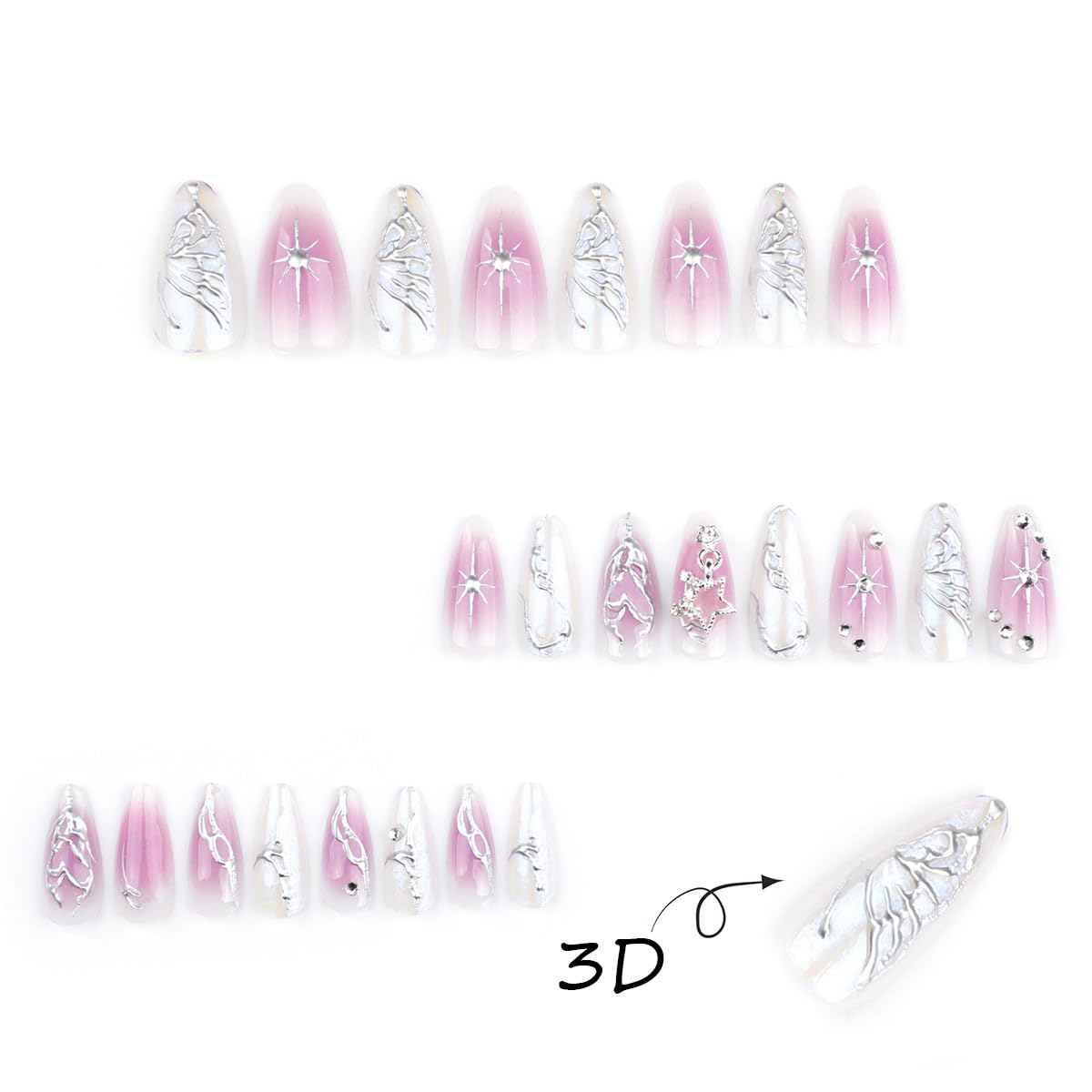 24Pcs Star Press on Nails Medium Almond Fake Nails 3D Silver Rhinestones False Nails Cute Full Cover Artificial Glue on Nails Spring Summer Stick on Nails for Women Girls DIY Nails Kit Decoration
