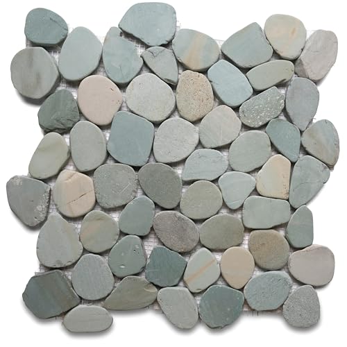 CNK Tile Sea Green XL Jumbo Sliced Pebble Tile - 12" x 12" Polished Natural Stone for Shower Floors Bathroom Backsplashes Patios Fireplaces - Durable Weather-Resistant Easy Installation - Pack of 1