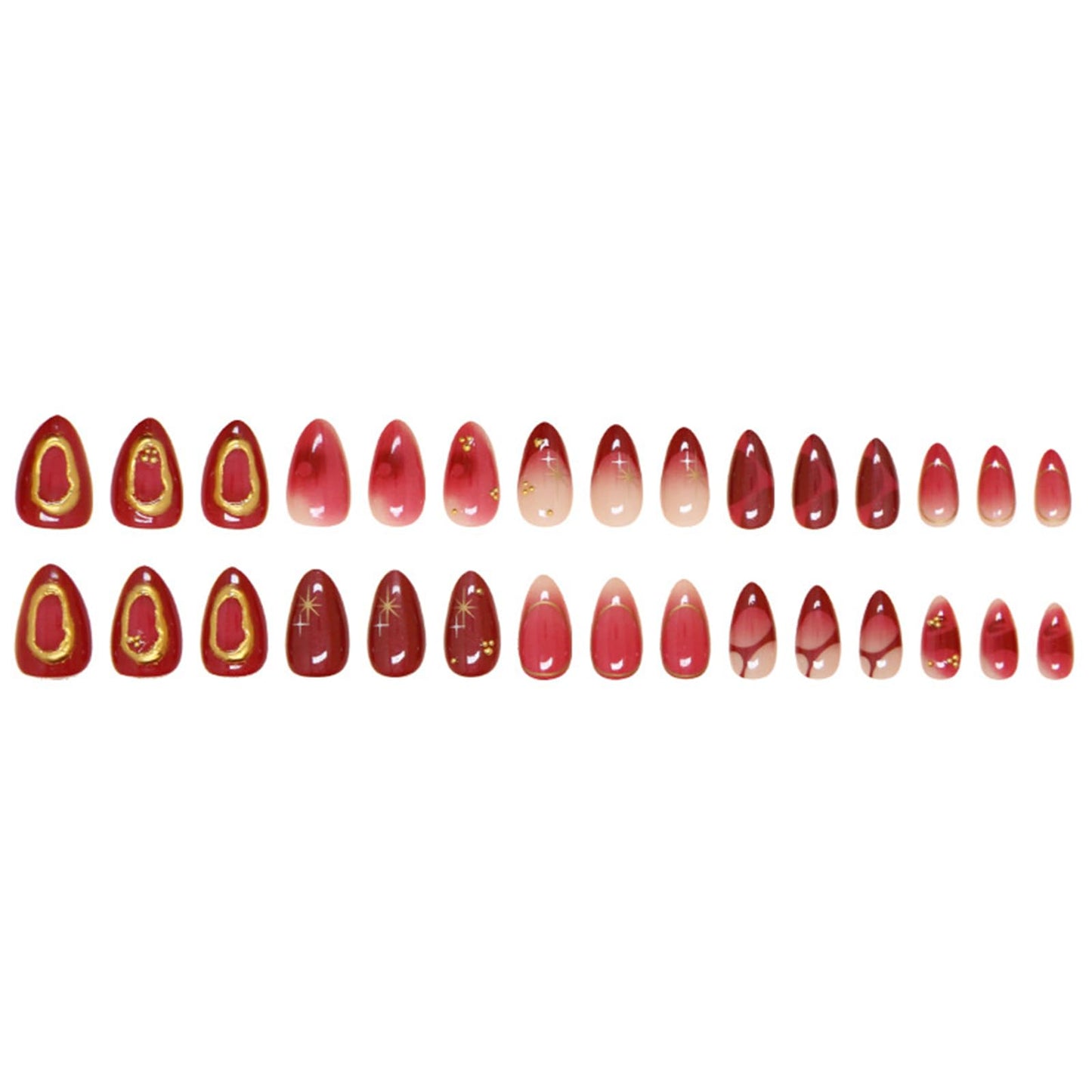 LBPEPAMZ Red Press On Nails Medium Almond Fake Nails with 3D Texture Gold Design Y2K Gold Star Bead Full Cover Acrylic False Nails Golden Line Ombre Stick On Nails for Women Manicure Decor 24Pcs