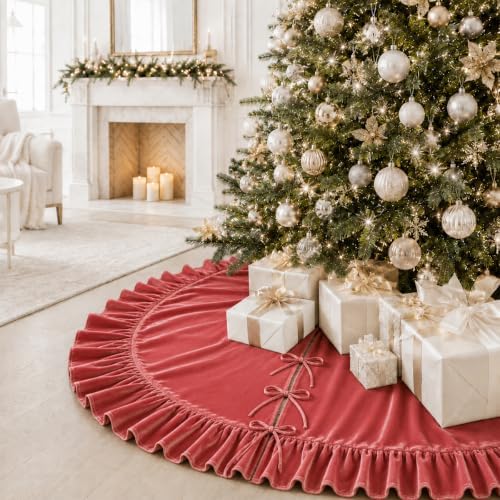 Christmas Tree Skirt,Velvet Tree Skirt with Ruffled Edge, Classic Large Velvet Fur Plush Tree Skirt for Merry Christmas(Rosered,36Inch)