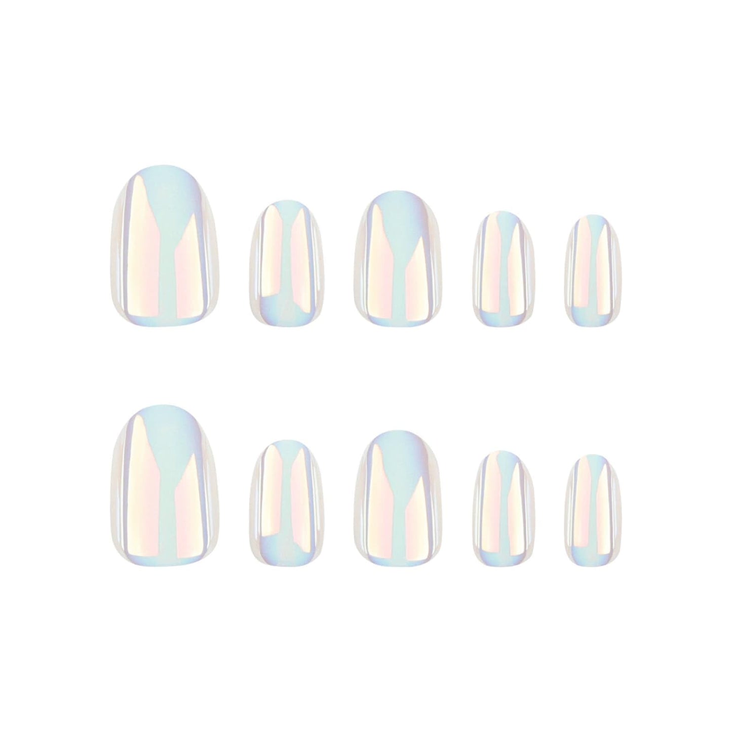 Medium Almond Press on Nails White Chrome Fake Nails with Ice Iridescent Stiletto Design Acrylic Full Cover Glue on Nails Reusable Stick on Nails Glossy Artificial Nails for Women 24 Pcs