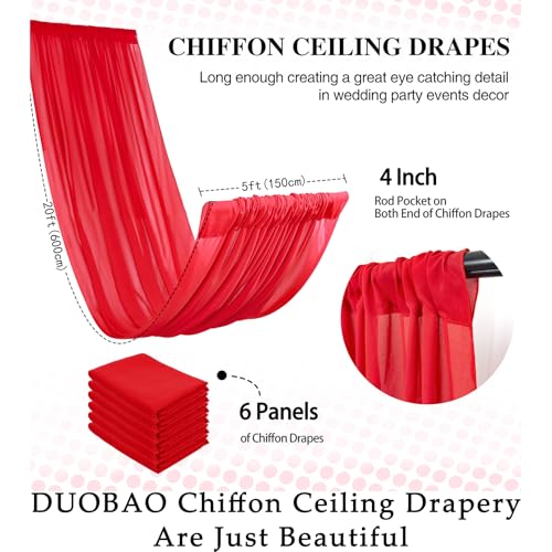DUOBAO Chiffon Ceiling Drapes 20ft Red Wedding Backdrops Sheer Backdrop Curtains for Reception Wedding Ceremony Dark Red Sheer Arch Drapes Fabric Event Party Supplies 6 Panels 5×20ft - color: Red, size: 60"W x 240"L (Pack of 6)
