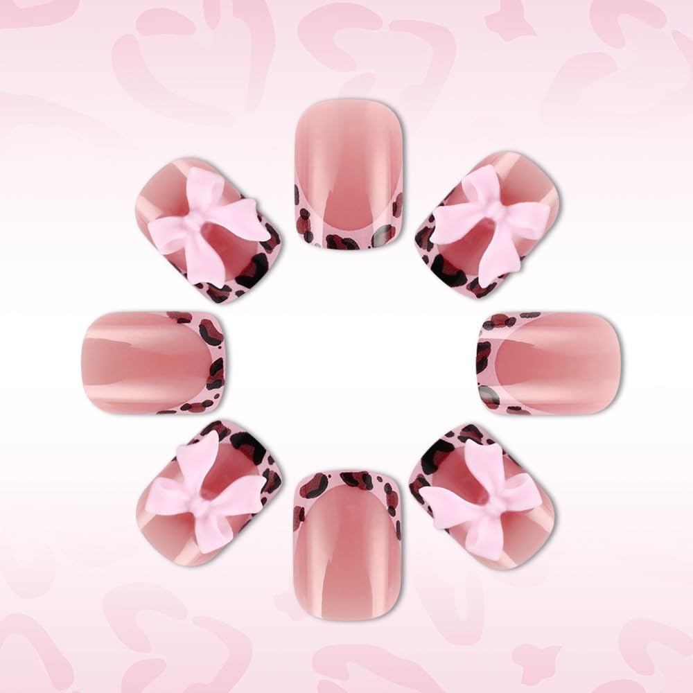 French Tip Press on Nails Short Square Fake Nails Leopard French False Nails Tips Bow Charms Glue on Nails Cute Full Cover Acrylic Nails for Women Manicure Nail Decoration 24Pcs
