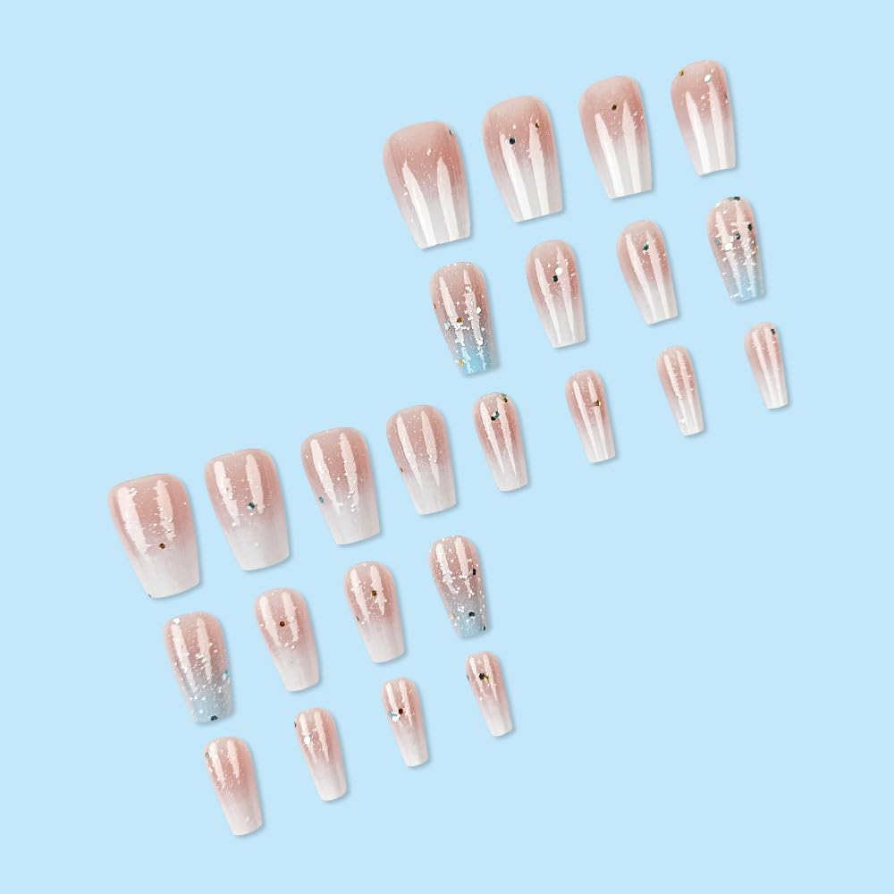 Square Press on Nails Medium Fake Nails Blue Ombre False Nails with Glitter Designs Polygon Sequins Acrylic Glue on Nails with Blue White Gradient Glitter Bling Stick on Nails for Women Girls 24 Pcs