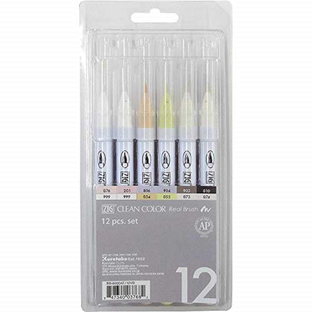 Kuretake ZIG CLEAN COLOR Real Brush Neutral & Natural Tones 12 Colors set, AP-Certified, Flexible Brush Tip, Odourless, Xylene Free, Easy to creat narrow and wide lines, Made in Japan