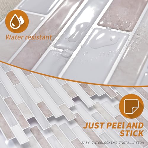 WOWSTAR 10 Sheet Marble Peel and Stick Backsplash for Kitchen,Self-Adhesive Tile Backsplash for Kitchen, Bathroom, 12" x 12", (Beige & White) - color: Beige