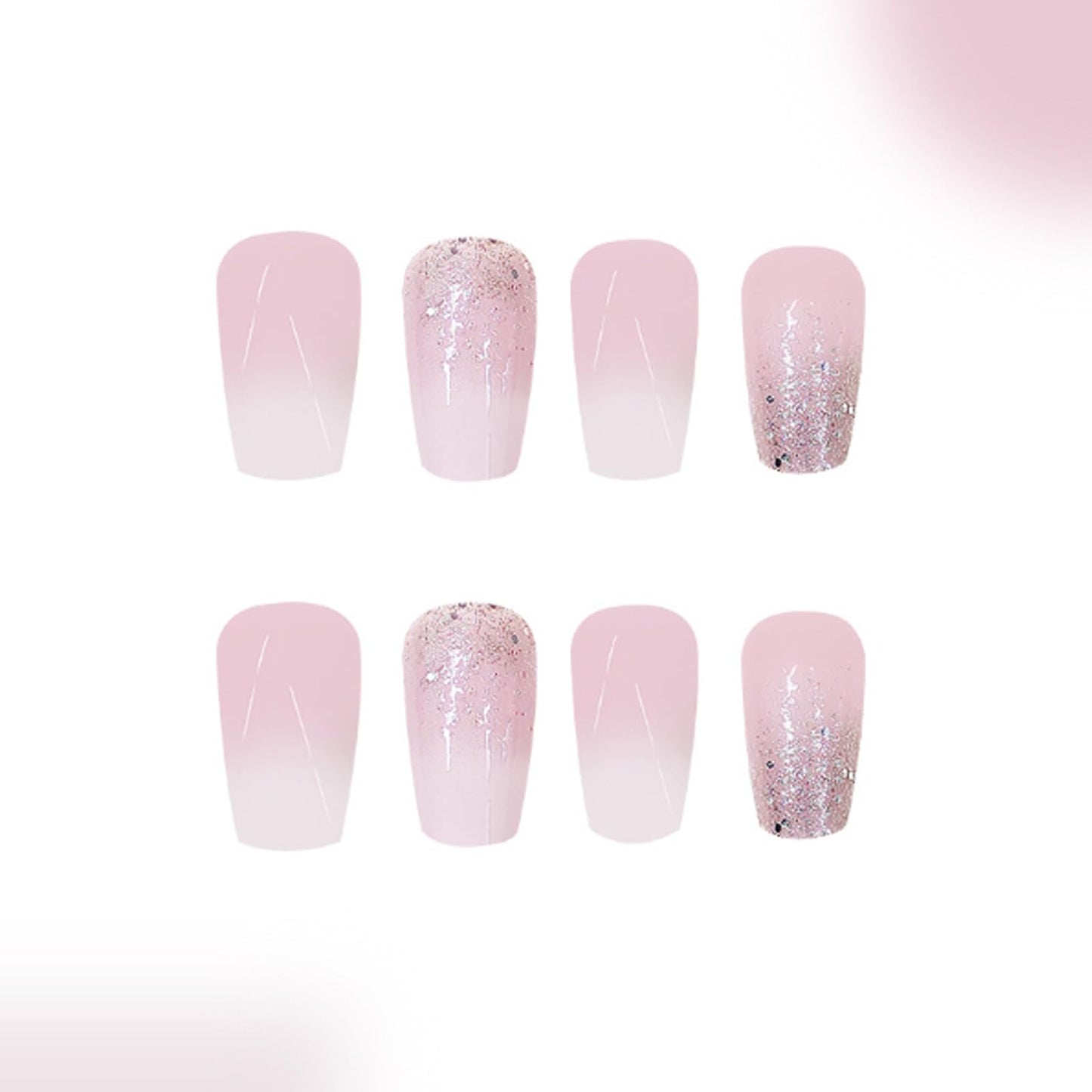 Hkanlre Pink Medium Fake Coffin Nails Tips Press on Sequins Nails Full Cover Gradient False Shiny Nails for Women 24PCS