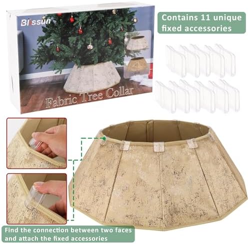 Blissun Fabric Christmas Tree Collar, Xmas Tree Ring, Willow Christmas Tree Skirt for Christmas Tree Decorations (Concrete Gold)
