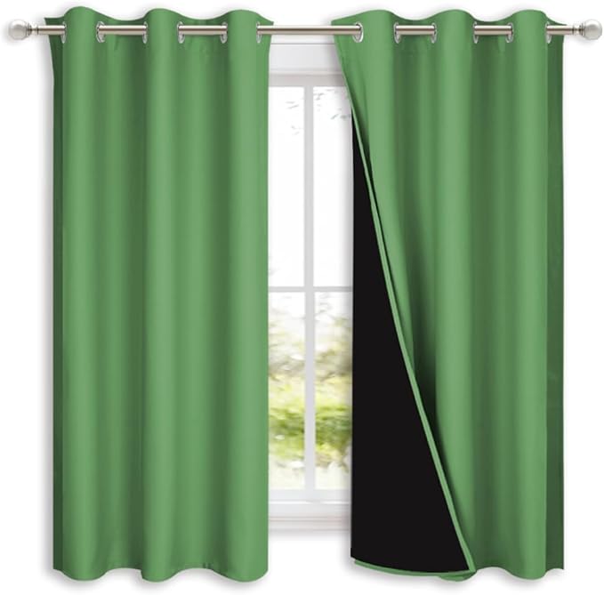 NICETOWN 100% Blackout Short Curtains with Black Liners, 2 Panels, 37" W by 50" L, Forest Green, Solid Thermal Insulated Full Blackout 2-Layer Lined Drapes, Energy Efficiency Window Drapes for Bedroom