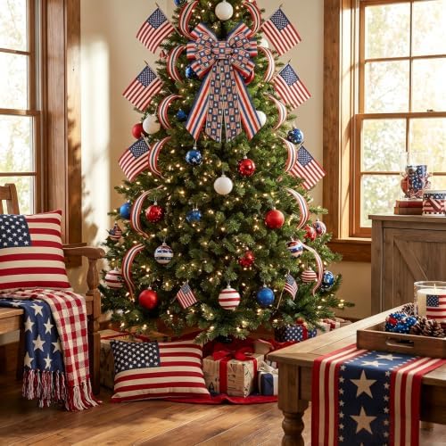 Large 4th of July Patriotic Wreath Bow USA 250th Anniversary Ribbon Bows for Wreaths, Stars and Stripes Tree Topper Bow Red White and Blue Decor Bows for Home Indoor Outdoor Wreath Ornament (Style B)