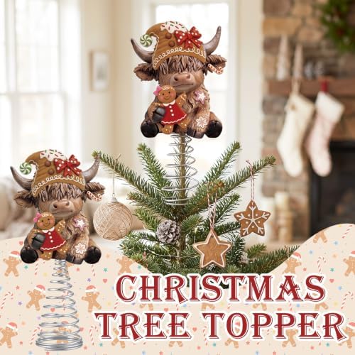 Gejoy Gingerbread Man Highland Cow Miniature Tree Topper, 5.1 Inches Mini Resin Cattle Topper Decorations for Rustic Home Farmhouse Holiday Accents Party Decor, Fall Thanksgiving Xmas Gift Ideal