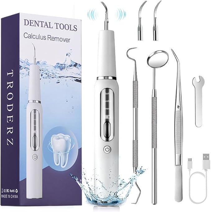 Plaque Remover for Teeth, Tartar Remover for Teeth, Rechargeable Electric Tartar Scraper with 3 Modes and Smart Protection, IPX7 Waterproof Dental Cleaning Kit with Tongue Cleaner (White)