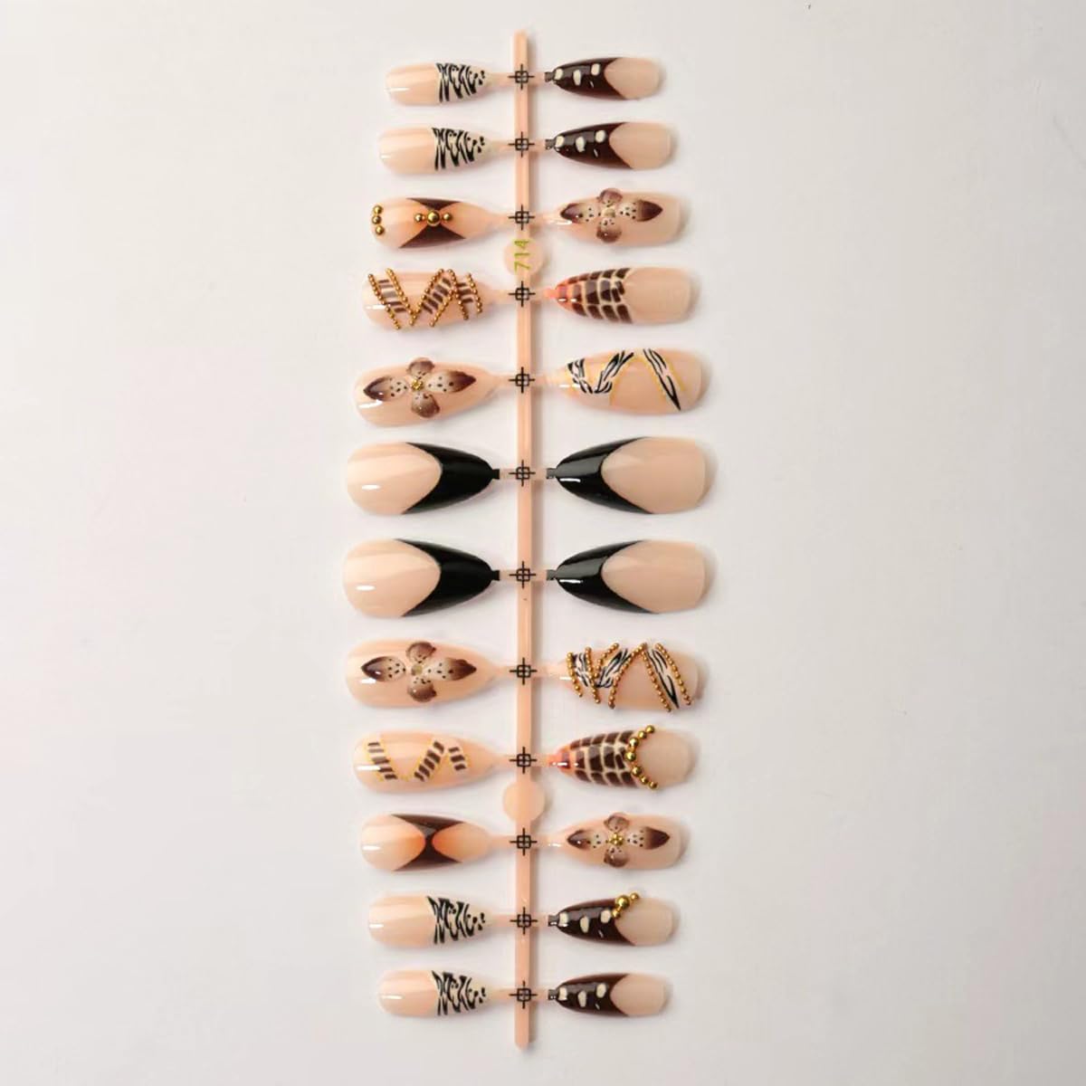 Medium Almond Press on Nails Brown Fake Nails 3D Flower False Nails Crocodile Zebra with Gold Beads Design Full Cover Glossy Glue on Nails for Women 24PCS