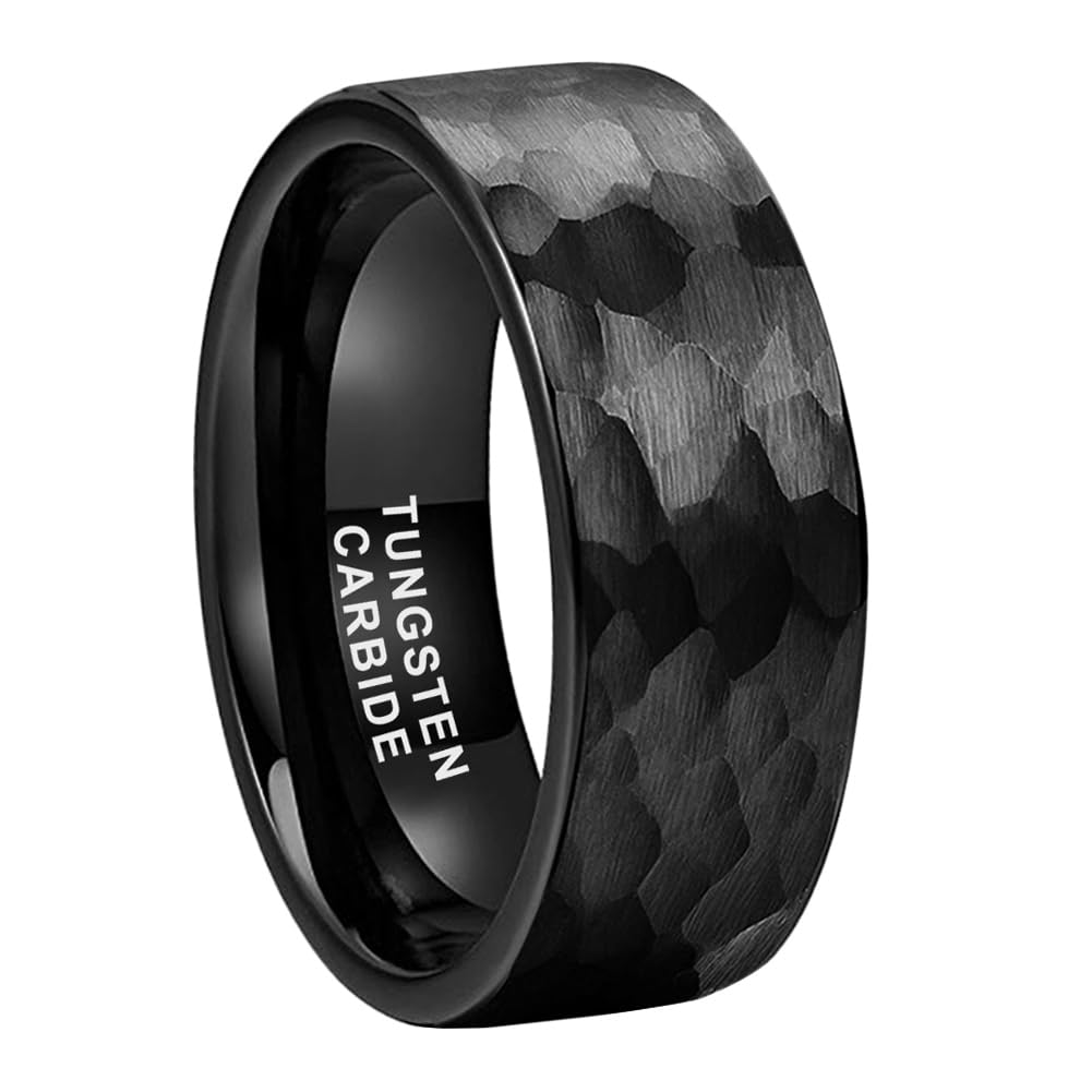 TUTISS 8mm Black Hammered Tungsten Rings for Men Women Fashion Engagement Wedding Bands Pipe Cut Matte Finish Comfort Fit Size 10