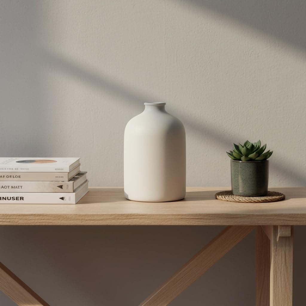 White Ceramic Vase - 7 Inch Tall - Large, Minimalist Modern Home Decor, Decorative Object - Centerpiece, Coffee Table, Living Room, Bookshelf, Office, Entryway, Console, Wedding, Flowers, Olive Plant