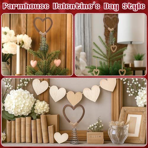 Gejoy 5.5 Inch Mini Wood Valentine's Tree Topper Natural Heart Tree Topper, Farmhouse Rustic Wooden Heart Ornaments for Valentines Day Decoration Couple Gifts