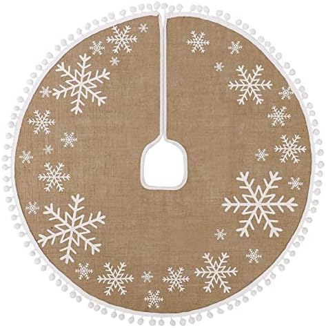 N&T NIETING Burlap Christmas Tree Skirt, 30 Inch Farmhouse Tree Mat with White Snowflakes Printed Pom Poms for Xmas Holiday Party Decoration