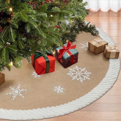 OurWarm Christmas Tree Skirt 60 inches, Burlap Tree Skirt for 7.5 ft Tree to 9 ft Tree, Large Snowflake Tree Skirt with Faux Fur, Xmas Tree Skirts for Winter Indoor Holiday Christmas Tree Decor