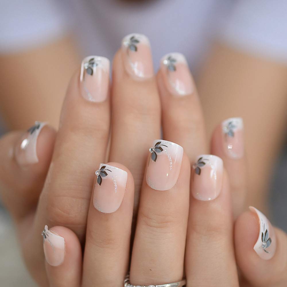 iBeautying Press on Nails - Shiny Short Flower Glitter Deco Ombre False Nails | UV Gel Finish Medium Short Coffin Flat Shape Reusable Fake Nails - 24 Nail Kit with Jelly Glue Pad