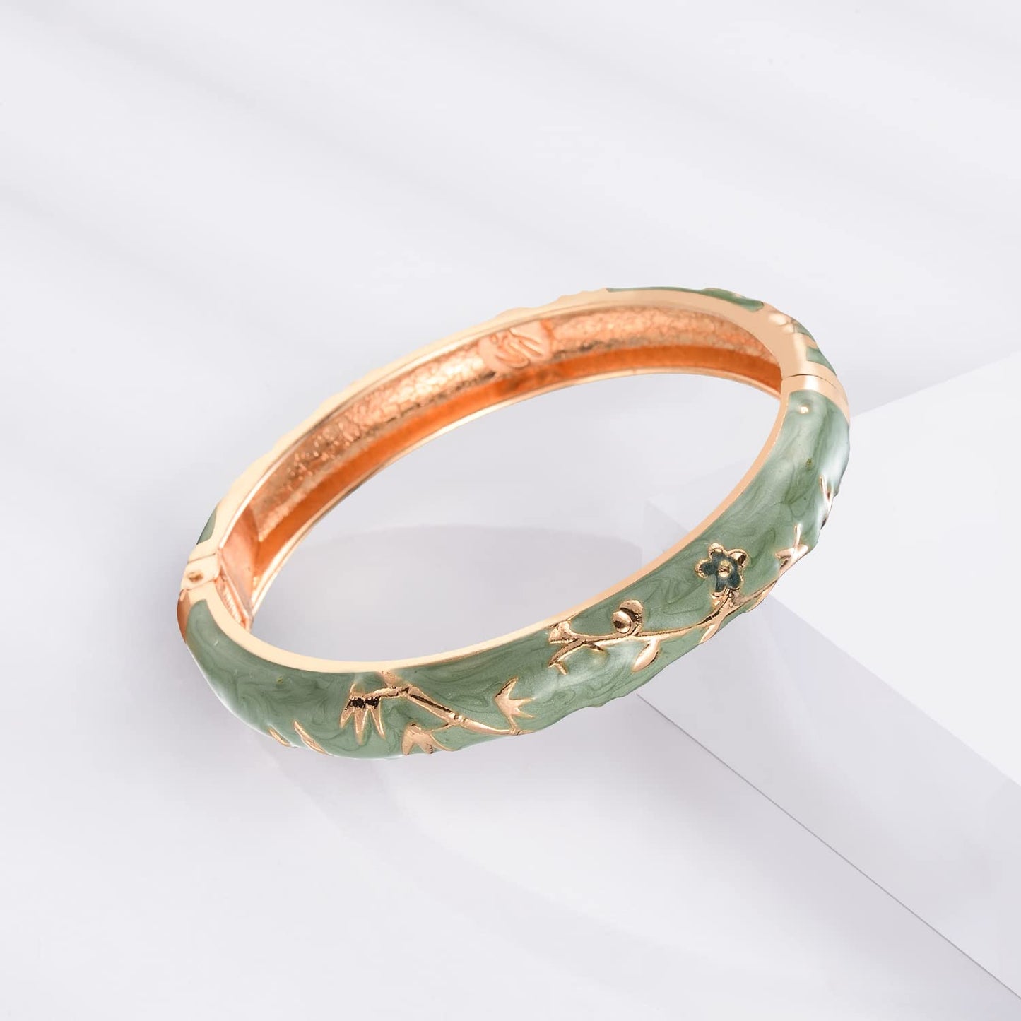 UJOY Flowers Bracelet Multi-Colors Cloisonne Wedding Jewelry Gift Women Enameled Bangles Opening Hinged 55A117 Bamboo Green