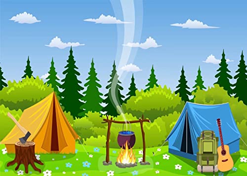 BELECO 7x5ft Fabric Camping Backdrop Cartoon Forest Scene Bonfire Campfire Party Camp Tent Little Lumberjack Birthday Banner Camper Backdrop Camping Theme Party Decoration Outdoor Adventure Photo Prop - size: 7x5FT