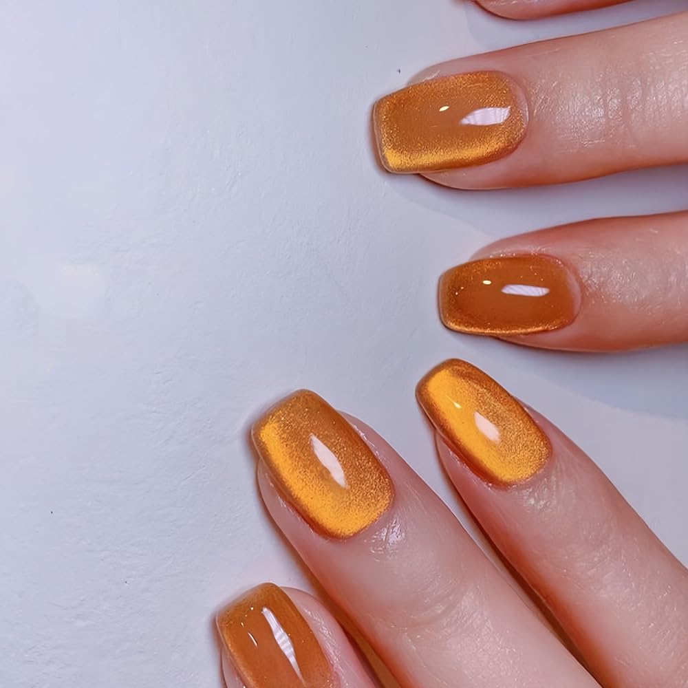 Square Press on Nails Medium Glitter Gold Fake Nails Cat Eye Fall Full Cover Stick on Acrylic False Nails for Women 24 Pcs