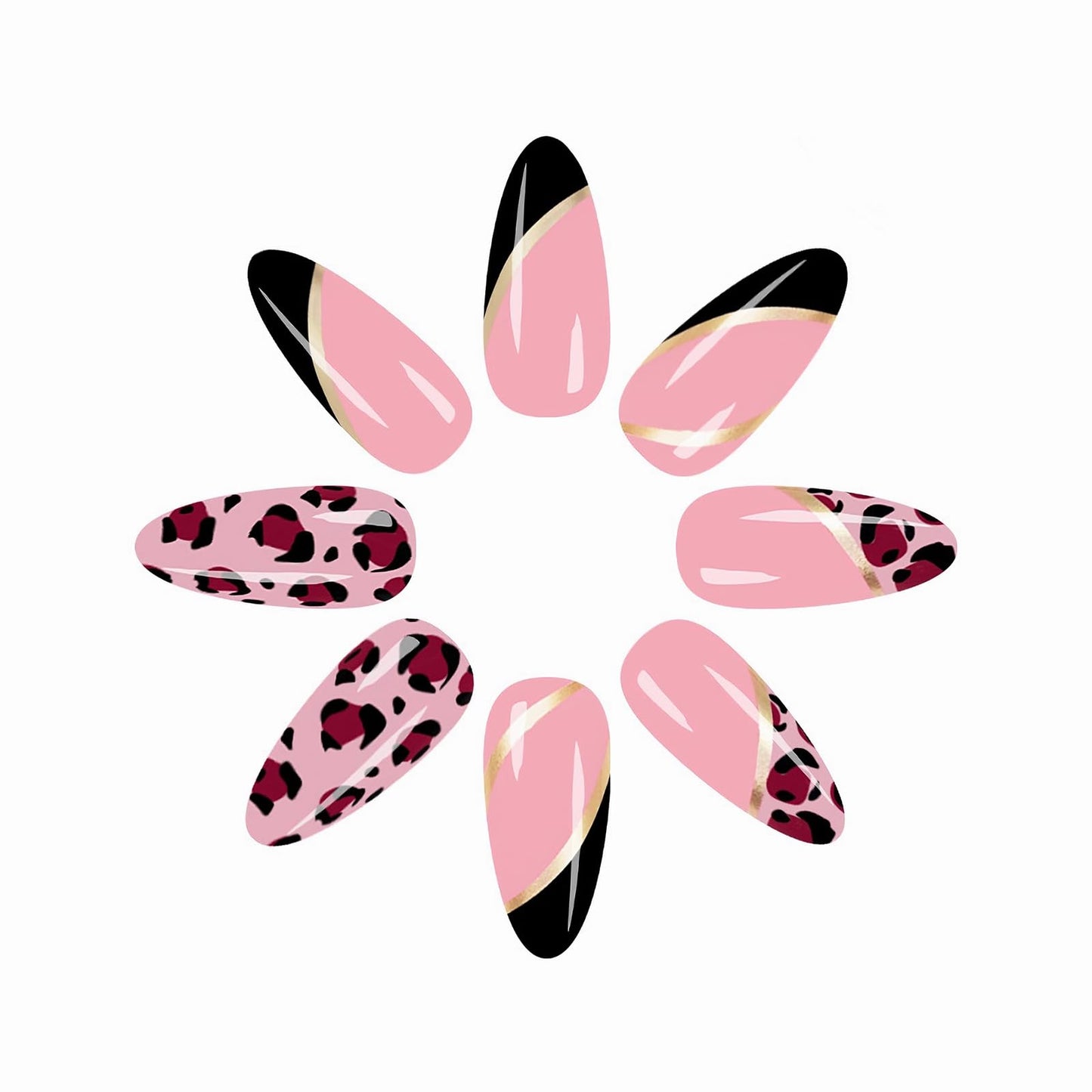 MISUD Press on Nails - Medium Almond Glue on Nails with Black French Tip, Acrylic Cheetah Design 24 pcs