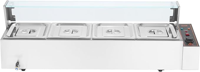 VEVOR 4-Pan Commercial Food Warmer, 4 x 12QT Electric Steam Table with Glass Cover, 1500W Countertop Stainless Steel Buffet Bain Marie 86-185°F Temp Control for Catering, Restaurants, Silver