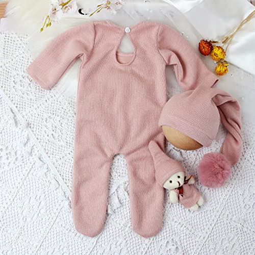 Newborn Baby Photo Shoot Props Girl Boy Crochet Knit Hat Costume Stripe Hat Pants Overalls Photography Props - color: Pink