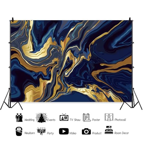 7x5ft Polyester Marble Backdrops Blue Golden Marble Backdrop Abstract Art Aesthetics Texture Marble Photography Background Modern Gradient Bday Wedding Party Banner Blogger Pictures Props - size: 7X5FT