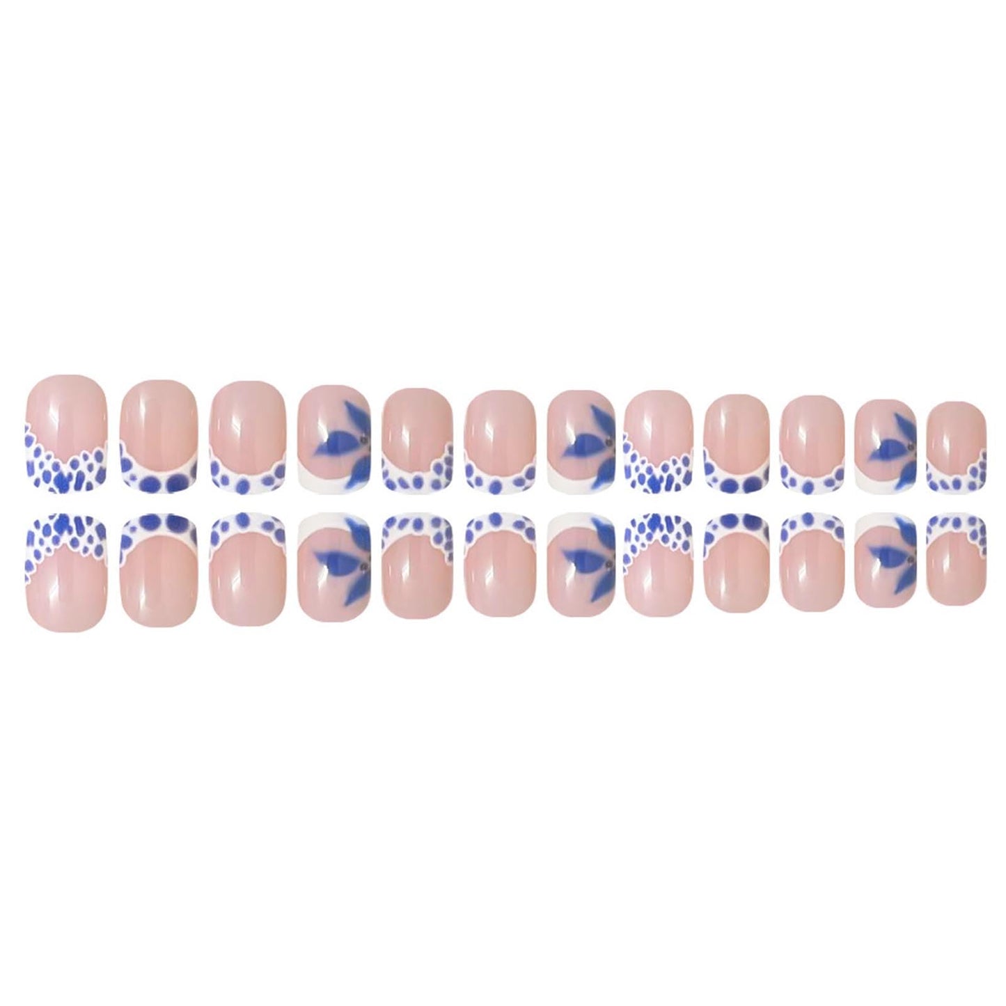 Blue French Tip Press on Nails Short Square Fake Nails with Flower Designs Summer Nails Press ons Glossy Glue on Nails White False Nails Spring Stick on Nails for Women 24Pcs