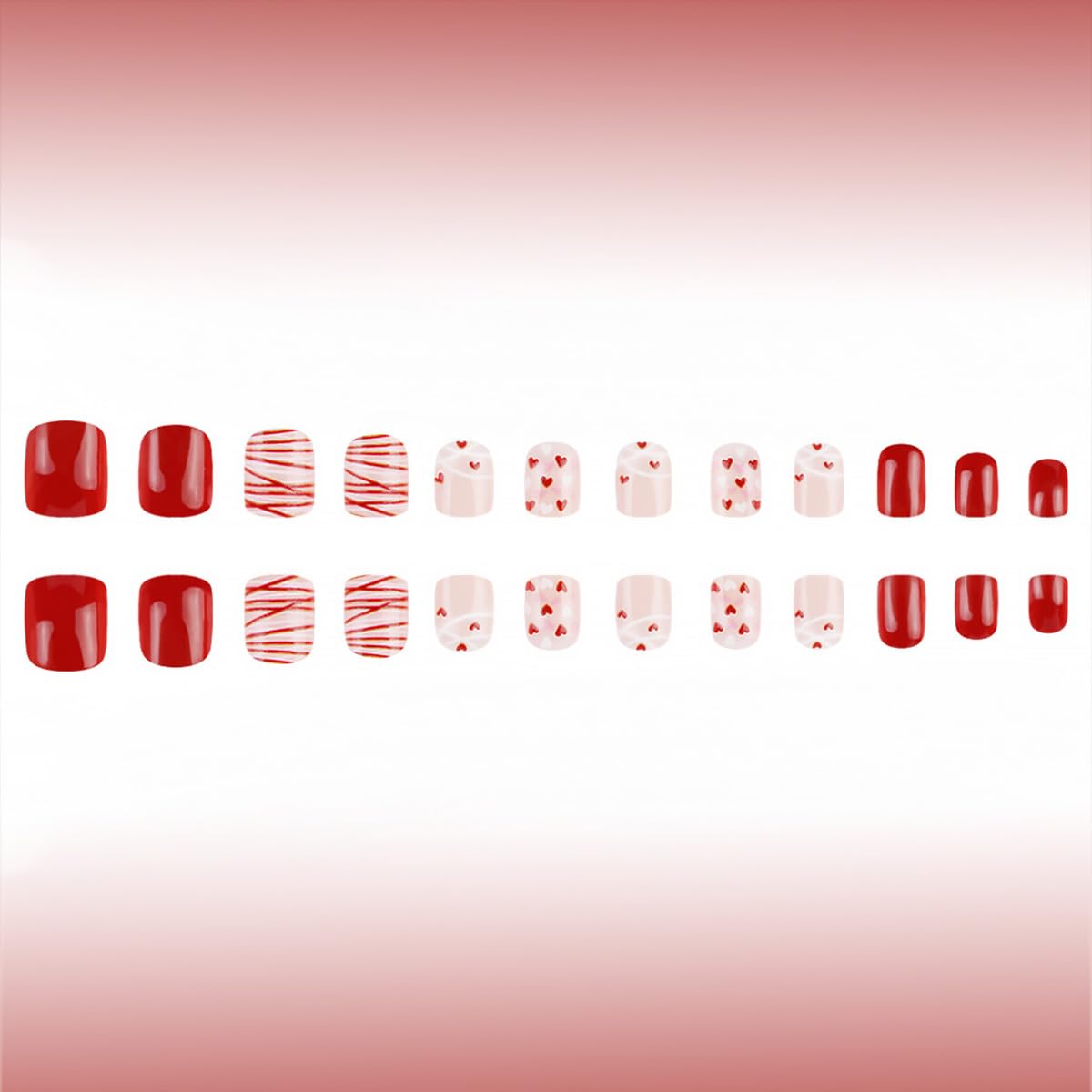 24Pcs Valentine's Press on Nails Short Fake Nails Red White Heart with Line False Nails Design Romantic Heart Full Cover Artificial Glue on Nails Valentines Stick on Nails for Women DIY Manicure