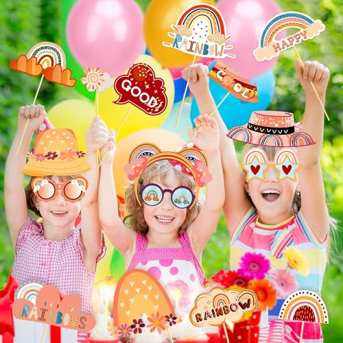 25Pcs Boho Photo Booth Props with Stick, Bohemian Theme Selfie Props, Boho Rainbow Birthday Party Supplies, Photography Backdrop Decorations