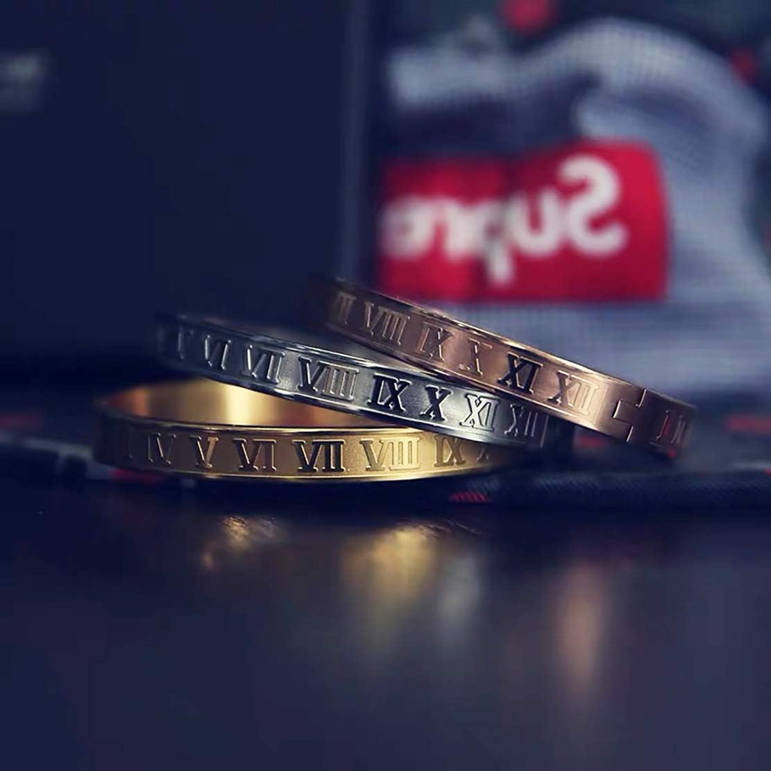 Jarlinwel Gold Silver Plated Bracelets for Men Women Roman Numeral Bangle Bracelet Stainless Steel Personalized Engraved Unisex Gift (Gold 8mm Mens)