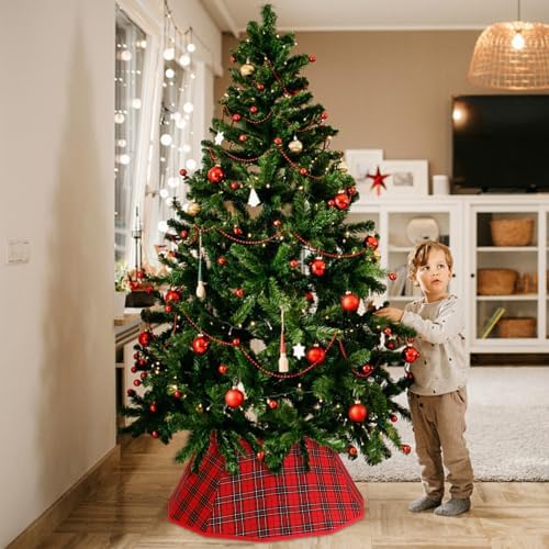 Blissun Fabric Christmas Tree Collar & Skirt, Willow Tree Ring for Christmas Decorations (Red & Black Plaid)