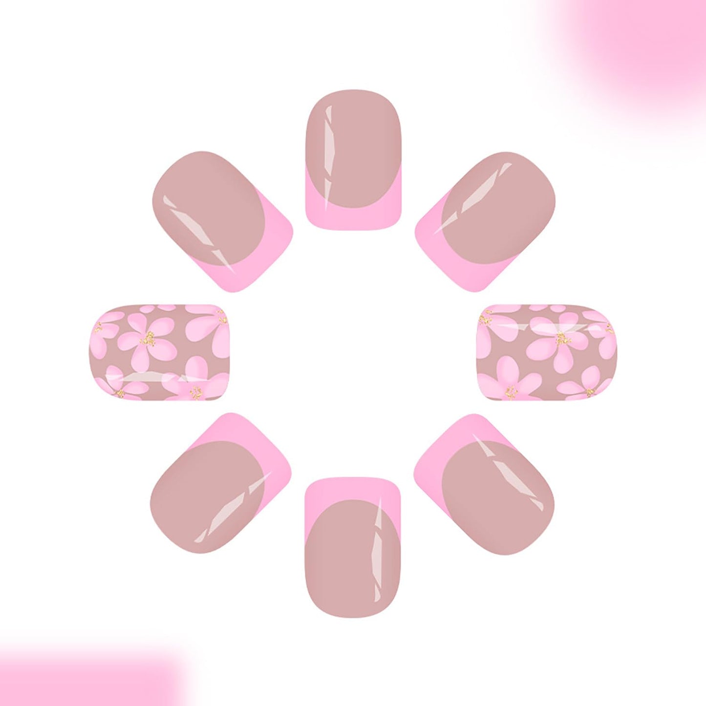 French Tip Press On Nails Short Fake Nails Square Nude Pink False Nails With Pink Flowers Designs Acrylic Spring Nails Press Ons Full Cover Glue On Nails Flower Stick On Nails For Women