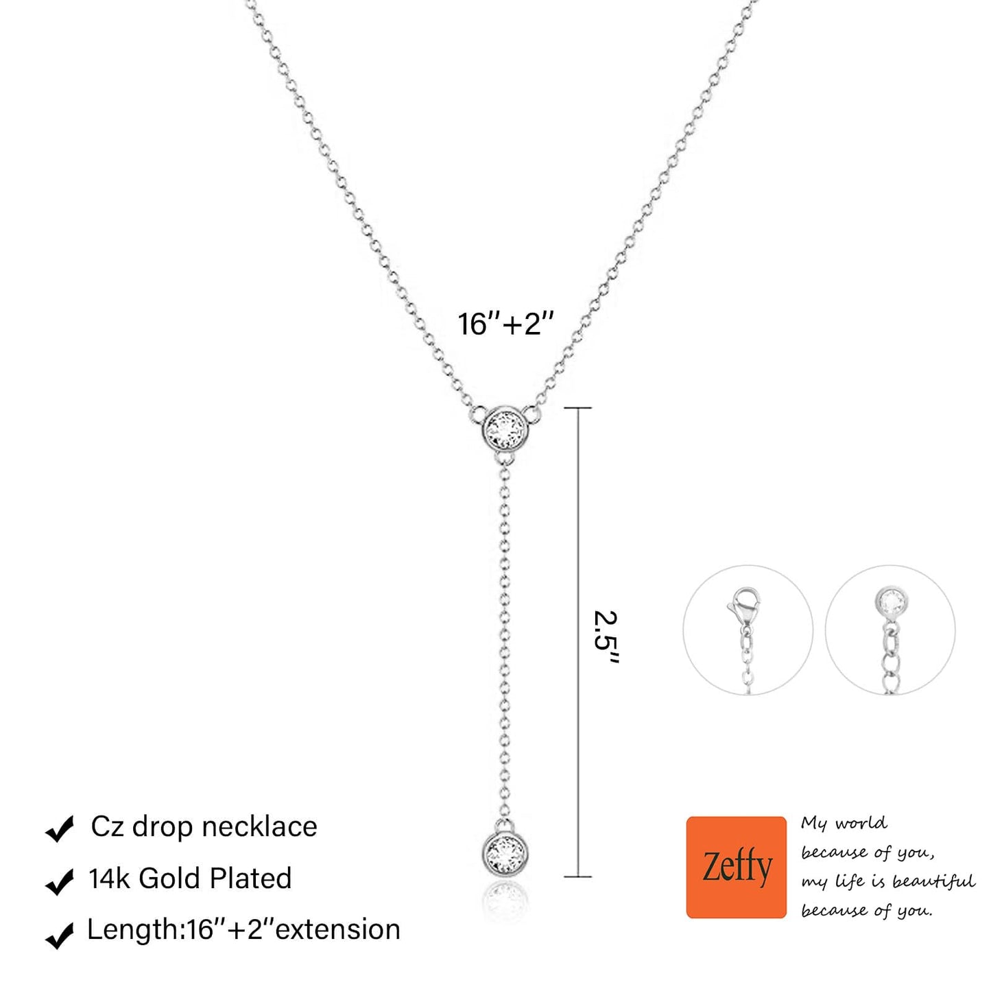 Zeffy Long Silver Necklace for Women- Dainty Silver Plated Teardrop Drop Lariat Necklace Trendy Simple CZ Y-Shaped Body Chain Stack Wedding Prom Dangle Statement Necklace Jewelry Gifts