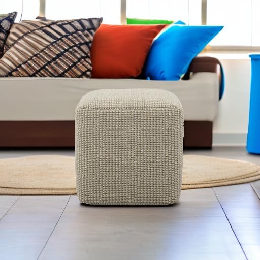 SIMPLIHOME Zelma Square Pouf – 18 inch Wide Upholstered PET Polyester Ottoman in Cream and Natural, Boho Indoor/Outdoor Footstool or Extra Seating for Living Room, Bedroom, or Patio, Assembled