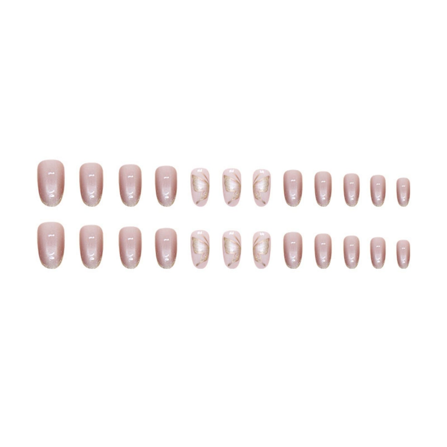Short Almond Press on Nails Sparkly Butterfly Fake Nails Nude Pink with Butterfly Glitter Design Glossy Full Cover Acrylic Nails Reusable Stick on Nails Glossy Artificial Nails for Women