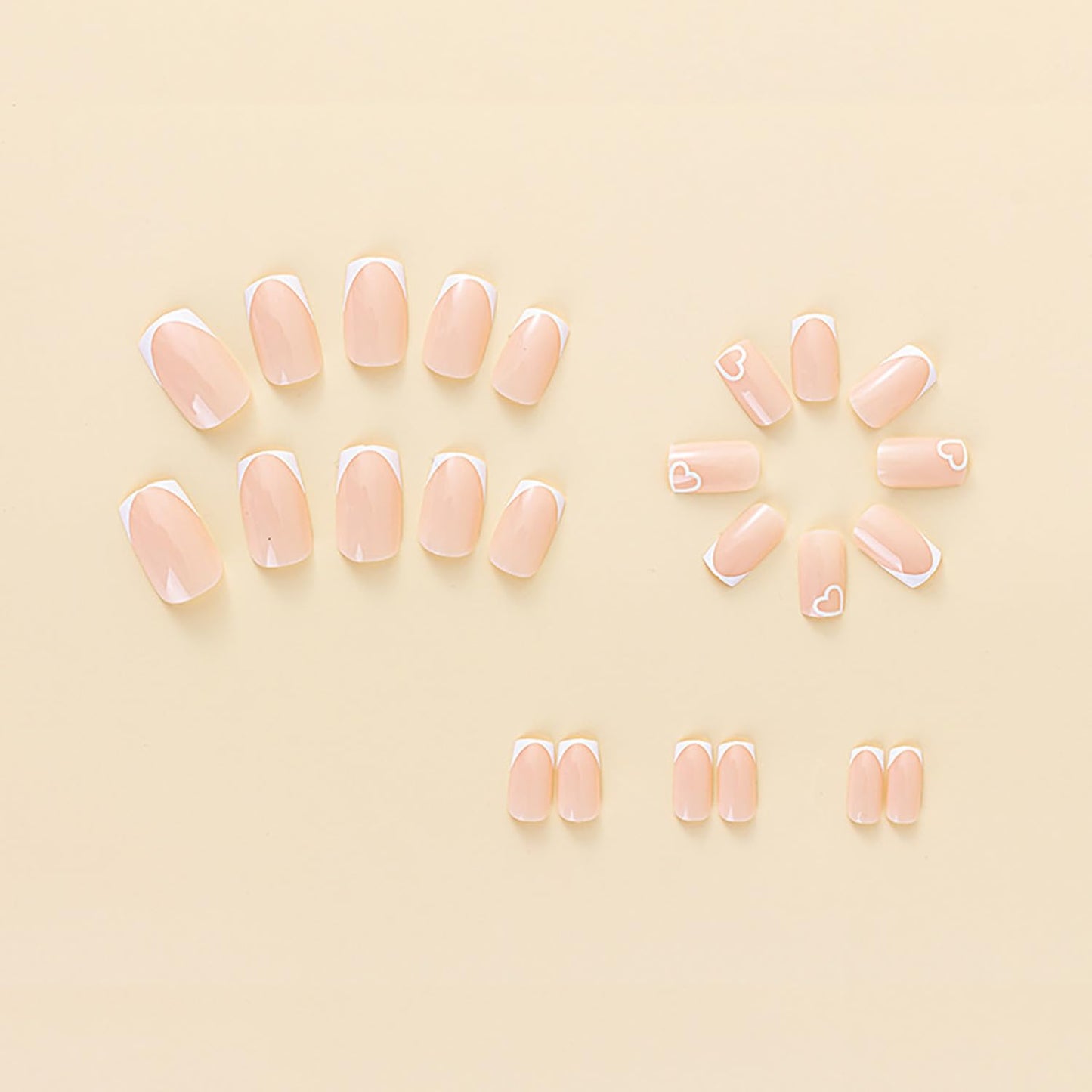 Press On Glossy Full Cover Acrylic Short Square French False Nails with White Heart Designs - Artificial Fake Nails Glue Ons for Women Girls