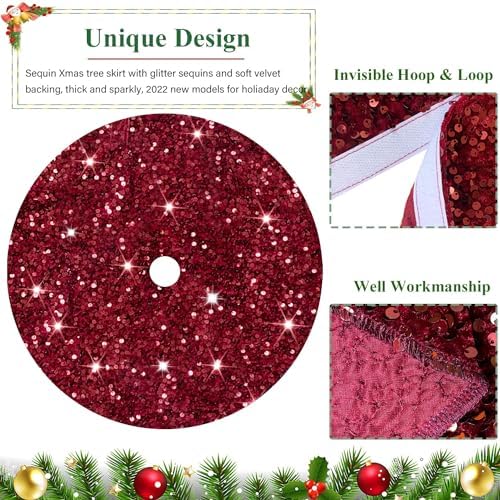 Christmas Tree Skirt Burgundy Velvet Tree Skirt Small Sequined Tree Skirts 21 Inch Mini Sequin Glitter Tree Cover Mats Metallic Tree Ornaments for Silm Tree Maroon Skirt Tree Burgundy Christmas Decor